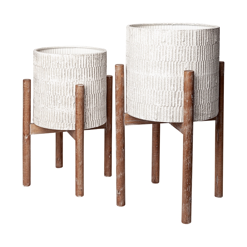 Maklaine Metal Wood Base Plant Stands in Eggshell White (Set of 2)