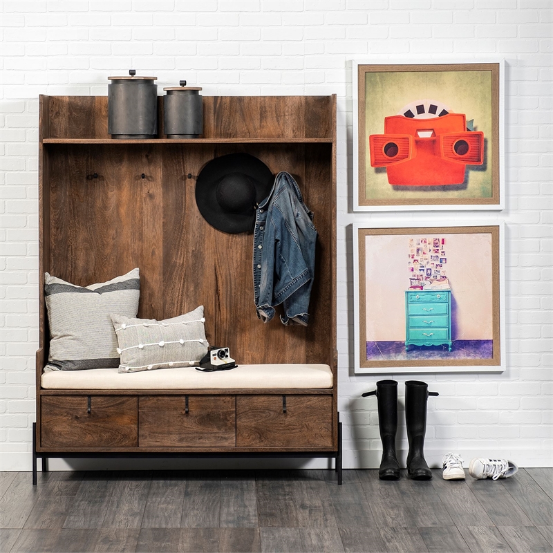 Maklaine Wood Seated Hall Tree with Storage in Brown