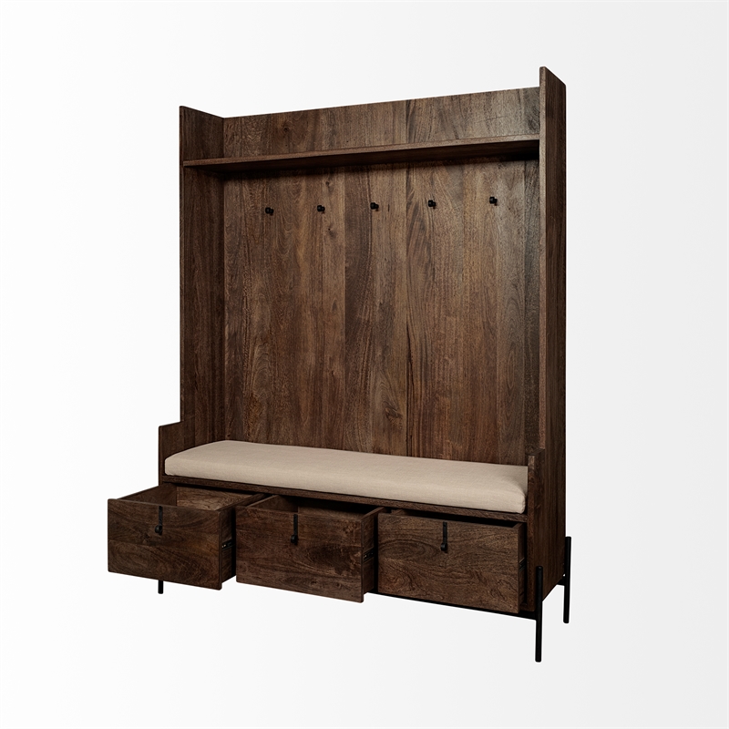 Maklaine Wood Seated Hall Tree with Storage in Brown