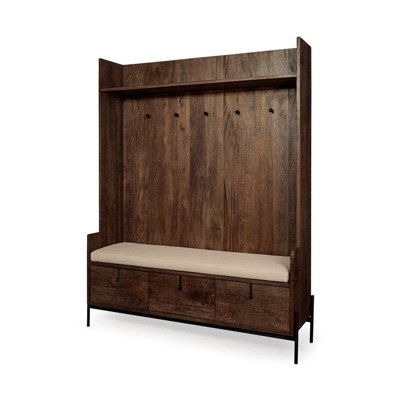 Maklaine Wood Seated Hall Tree with Storage in Brown