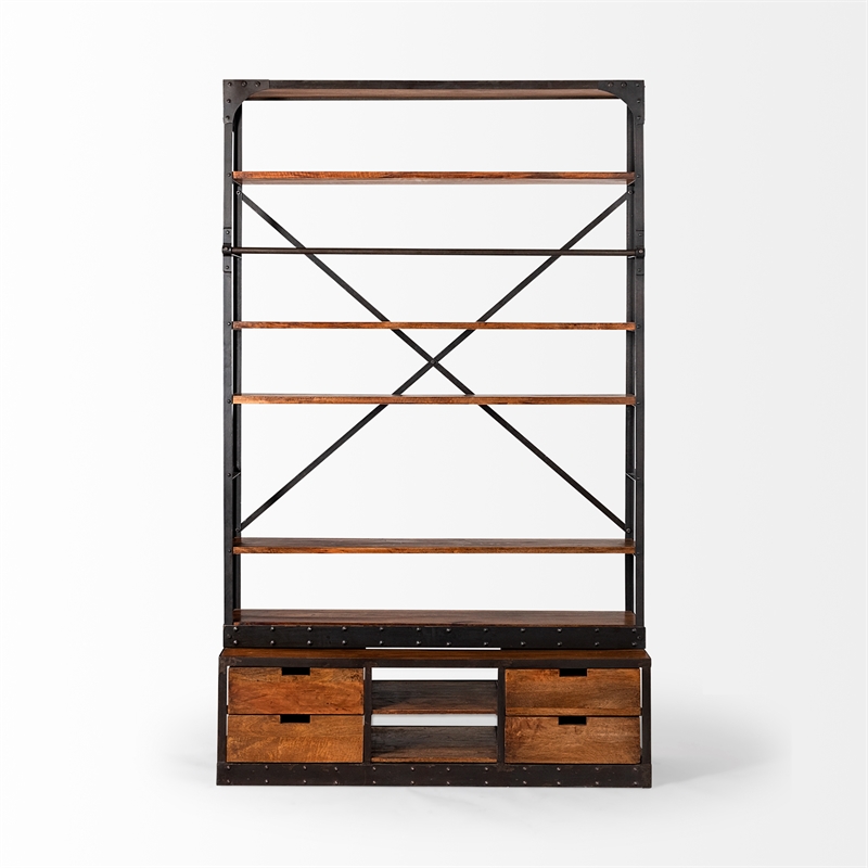 Maklaine Wood 6-Shelf Shelving Unit with Ladder in Medium Brown/Black