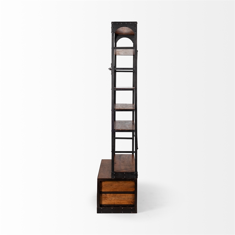 Maklaine Wood 6-Shelf Shelving Unit with Ladder in Medium Brown/Black
