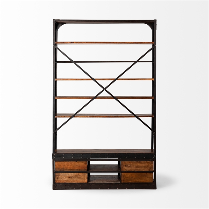 Maklaine Wood 6-Shelf Shelving Unit with Ladder in Medium Brown/Black