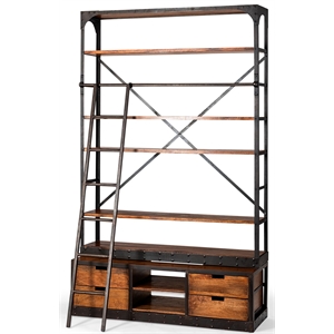 Maklaine Wood 6-Shelf Shelving Unit with Ladder in Medium Brown/Black