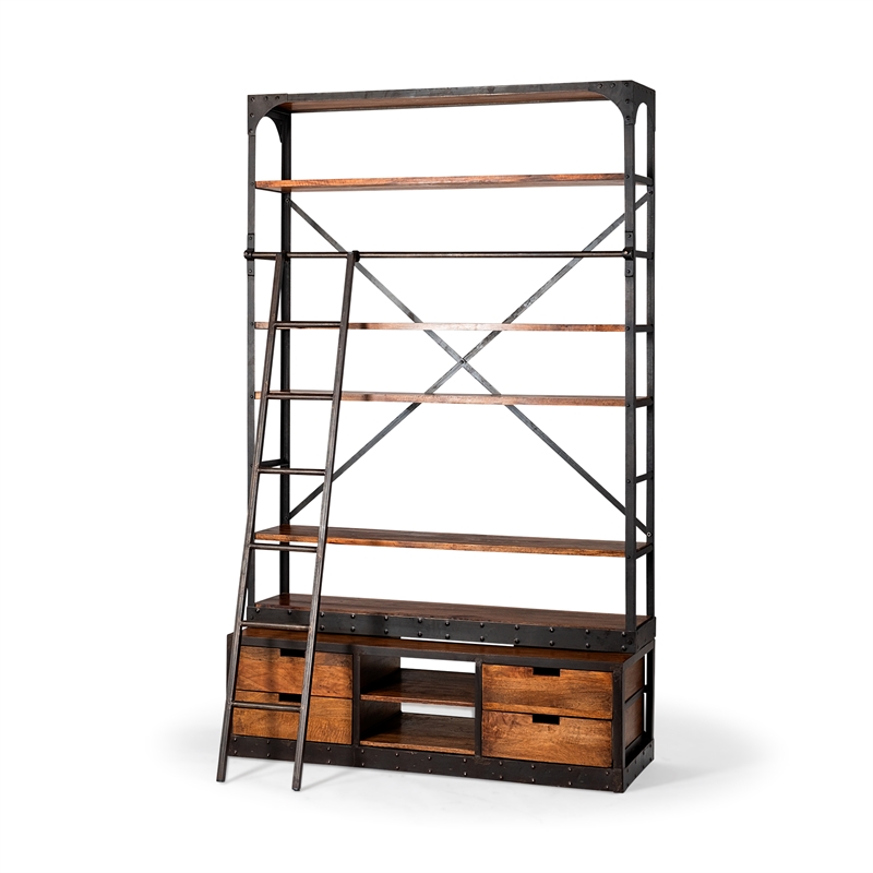 Maklaine Wood 6-Shelf Shelving Unit with Ladder in Medium Brown/Black