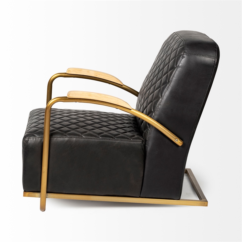 Maklaine Leather Diamond Pattern Accent Chair in Black and Gold