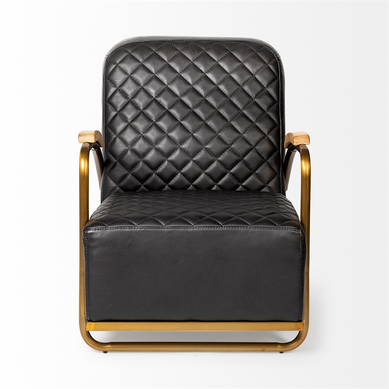 Maklaine Leather Diamond Pattern Accent Chair in Black and Gold