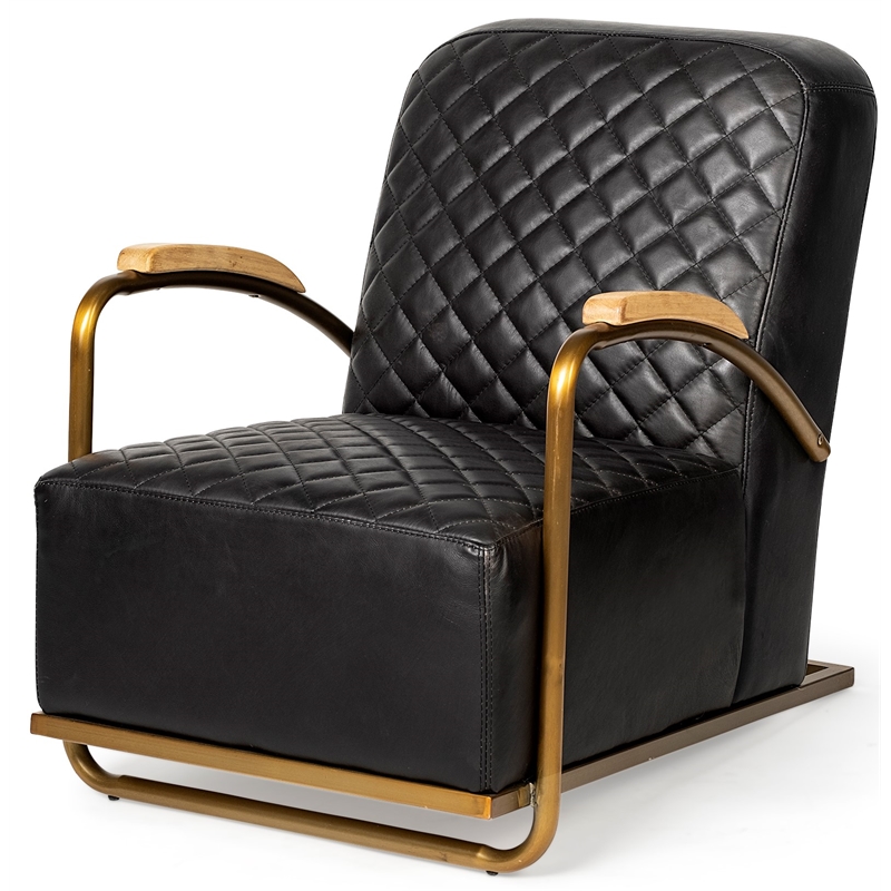 Maklaine Leather Diamond Pattern Accent Chair in Black and Gold