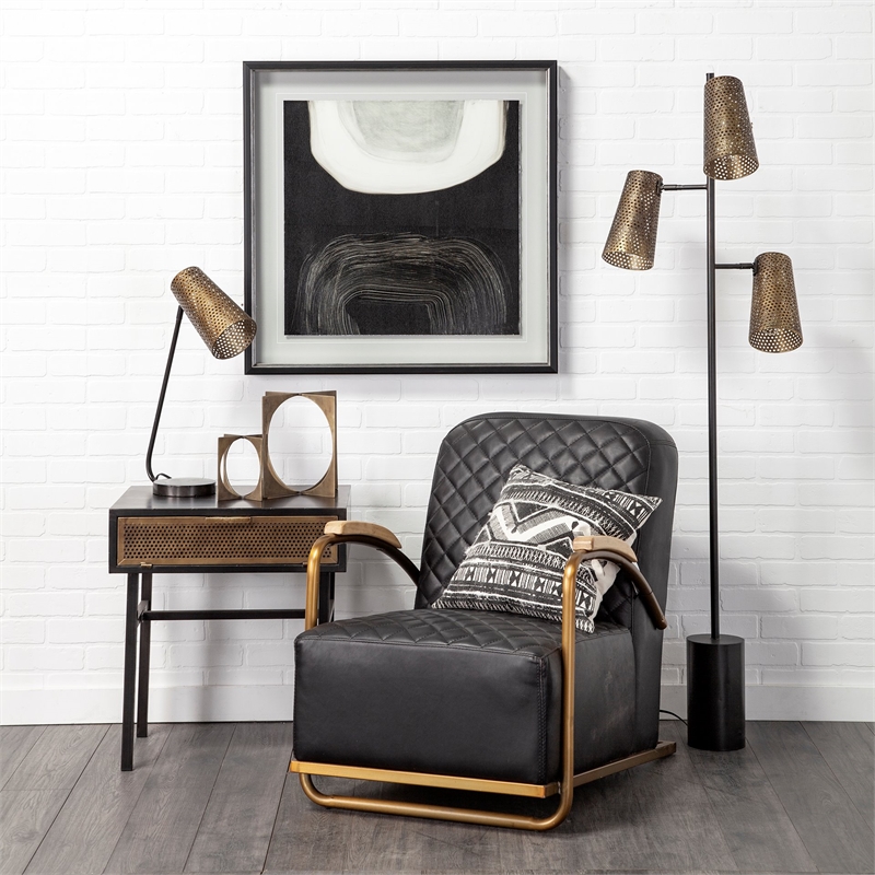Maklaine Leather Diamond Pattern Accent Chair in Black and Gold