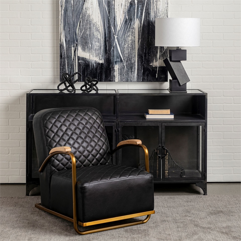 Maklaine Leather Diamond Pattern Accent Chair in Black and Gold