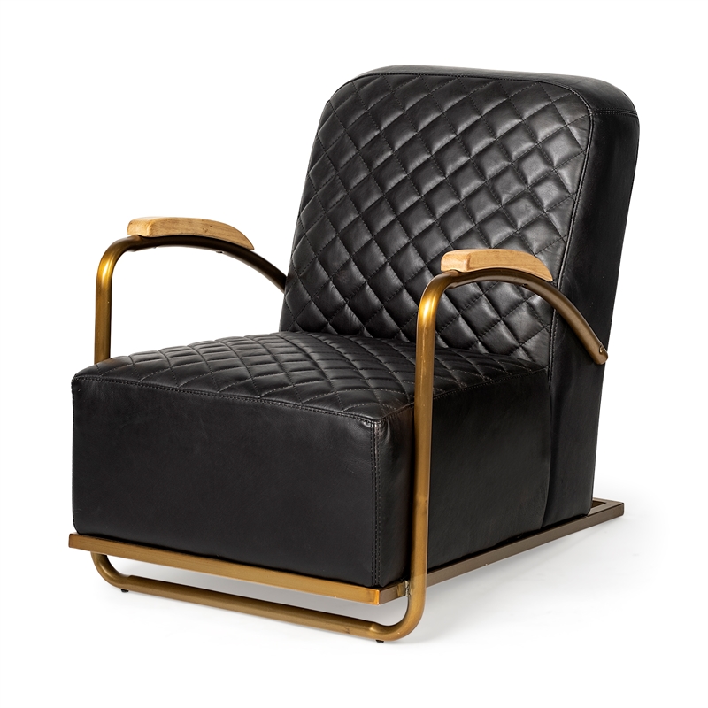 Maklaine Leather Diamond Pattern Accent Chair in Black and Gold
