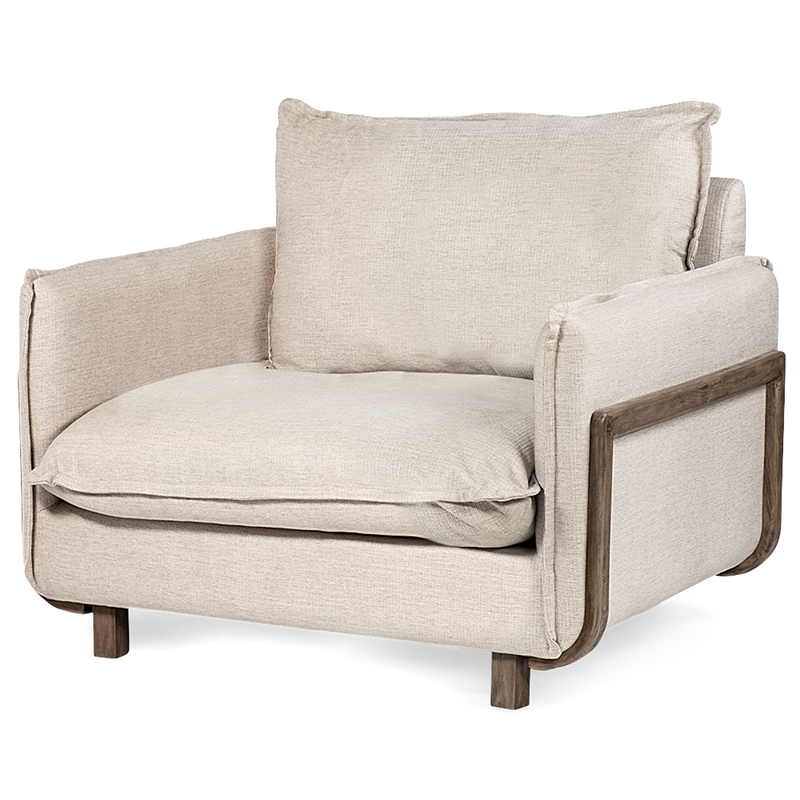 Maklaine Cream Fabric Wood Arm Chair in Brown