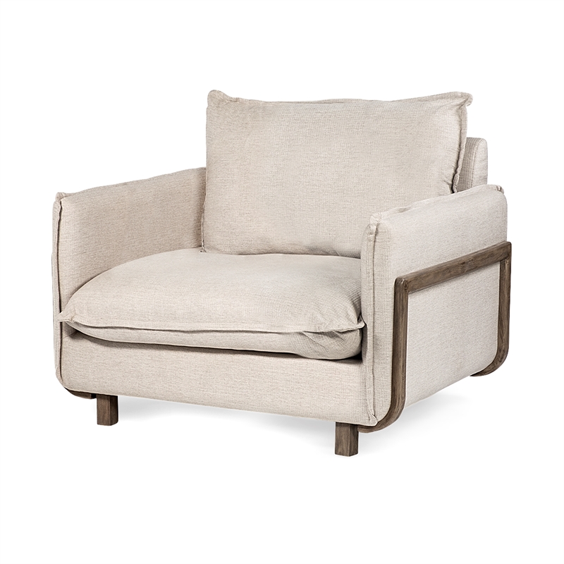 Maklaine Cream Fabric Wood Arm Chair in Brown