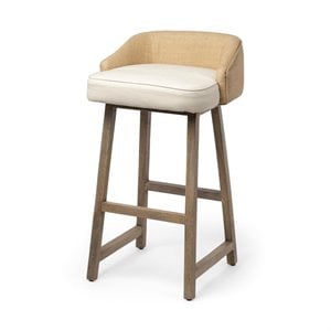 Maklaine 30.5&quot Seat Height Cream/Beige Fabric Seat Brown Wood Base Stool