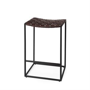 Maklaine 26&quot Seat Height Dark Brown Woven Leather with Black Iron Frame Stool