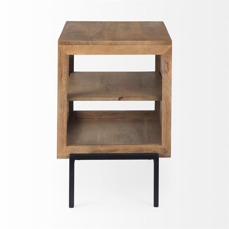 Maklaine End Table in Light Brown Wood with Black Metal Frame