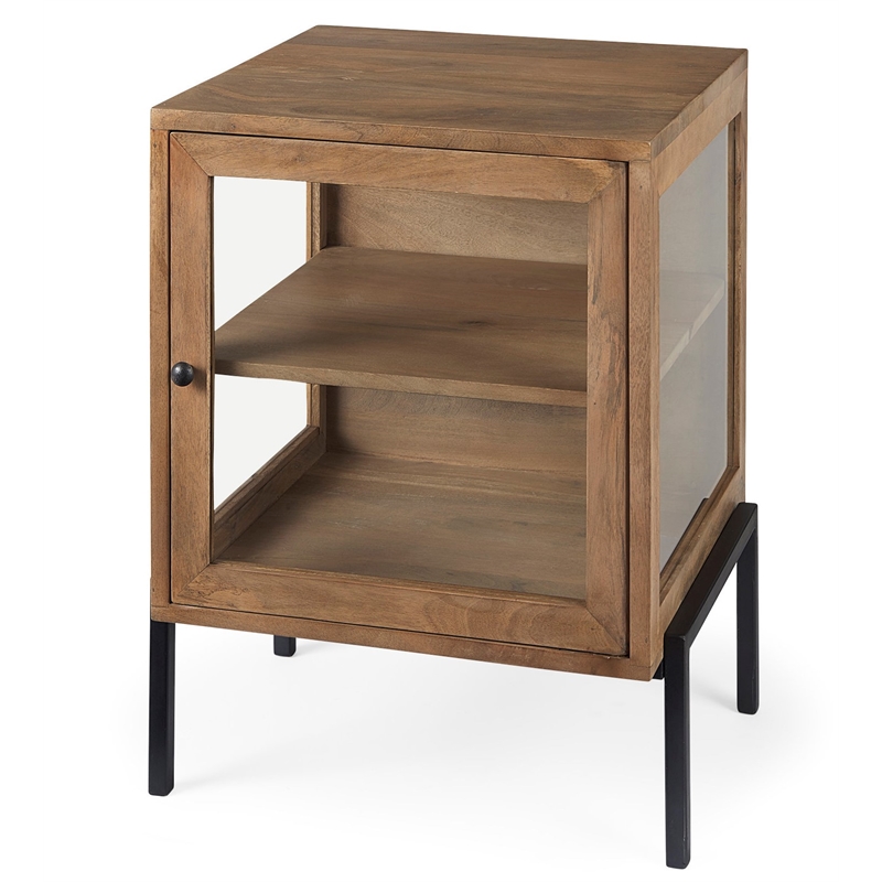 Maklaine End Table in Light Brown Wood with Black Metal Frame
