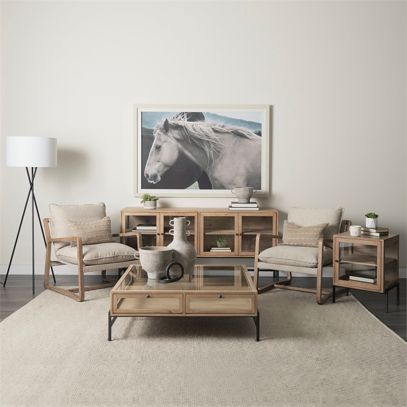 Maklaine End Table in Light Brown Wood with Black Metal Frame