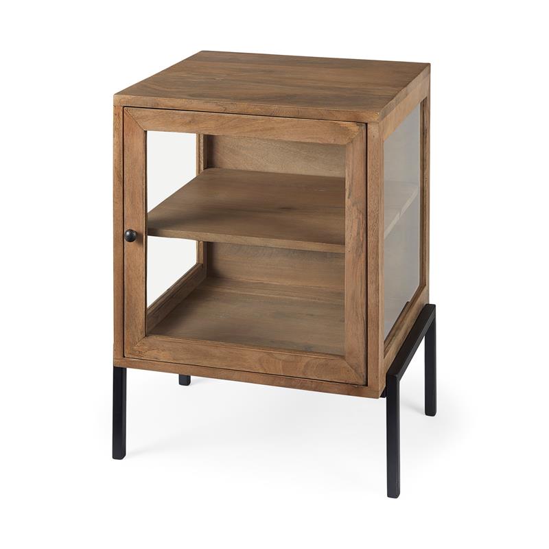 Maklaine End Table in Light Brown Wood with Black Metal Frame