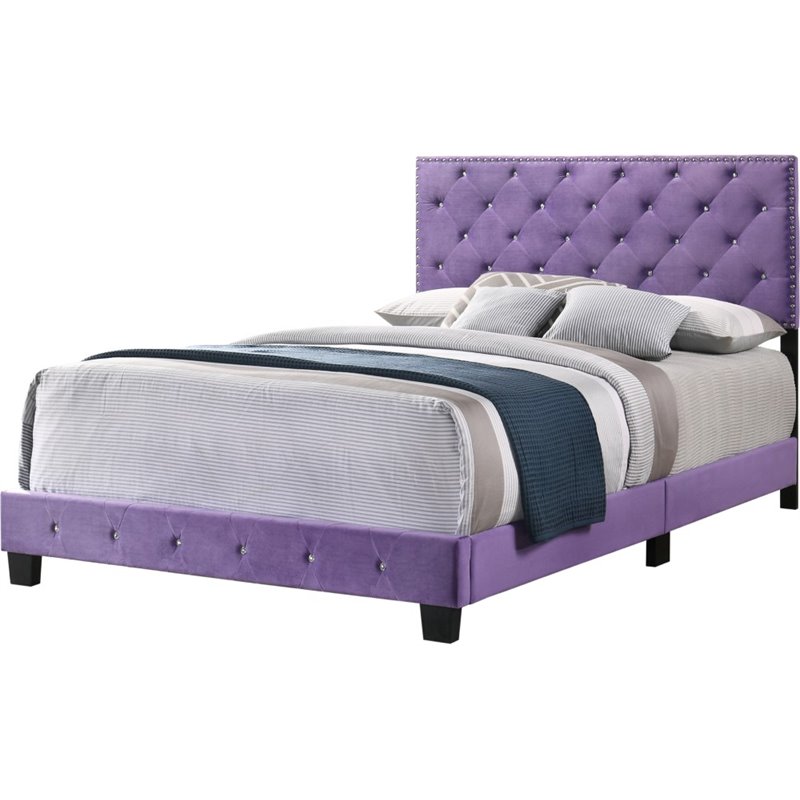 Maklaine Transitional Velvet Upholstered Full Bed with Faux Jewels in Purple