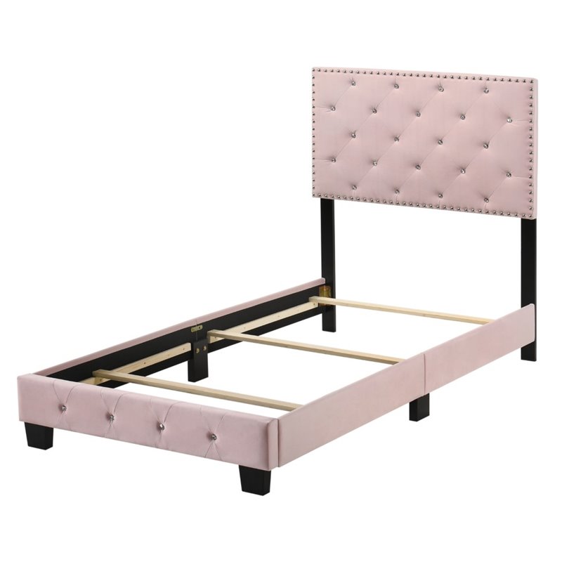Maklaine Velvet Pink Upholstered Twin Bed Rectangular Tufted 47