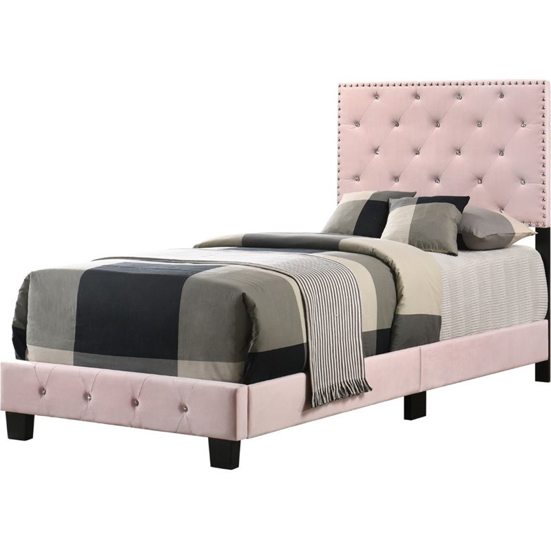 Maklaine Velvet Pink Upholstered Twin Bed Rectangular Tufted 47