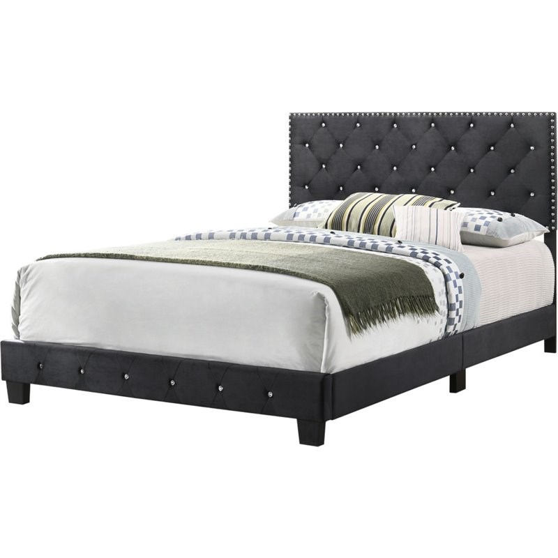 Maklaine Transitional Velvet Upholstered Queen Bed with Faux Jewels in Black