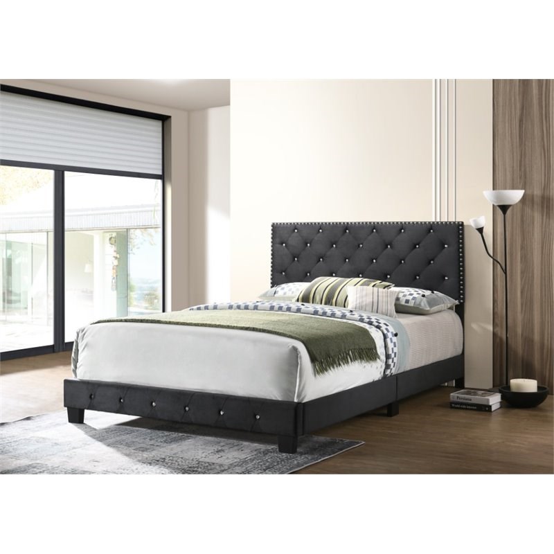 Maklaine Transitional Velvet Upholstered Queen Bed with Faux Jewels in Black