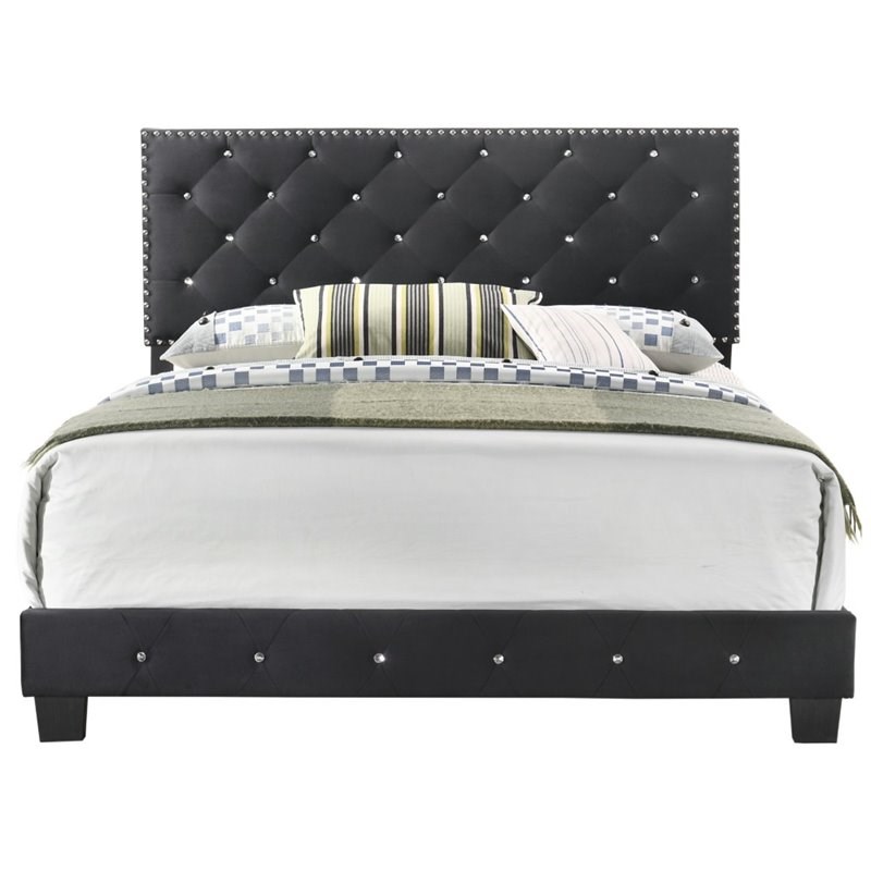 Maklaine Transitional Velvet Upholstered Queen Bed with Faux Jewels in Black