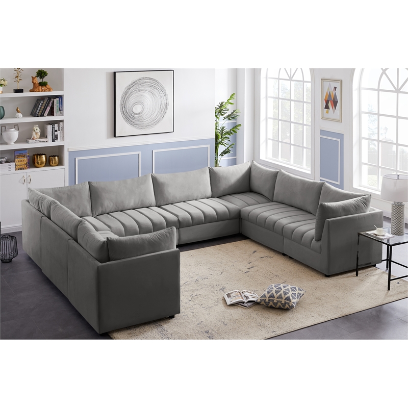 Maklaine Contemporary Velvet Modular Sectional with Deep Channel Tufting in Gray