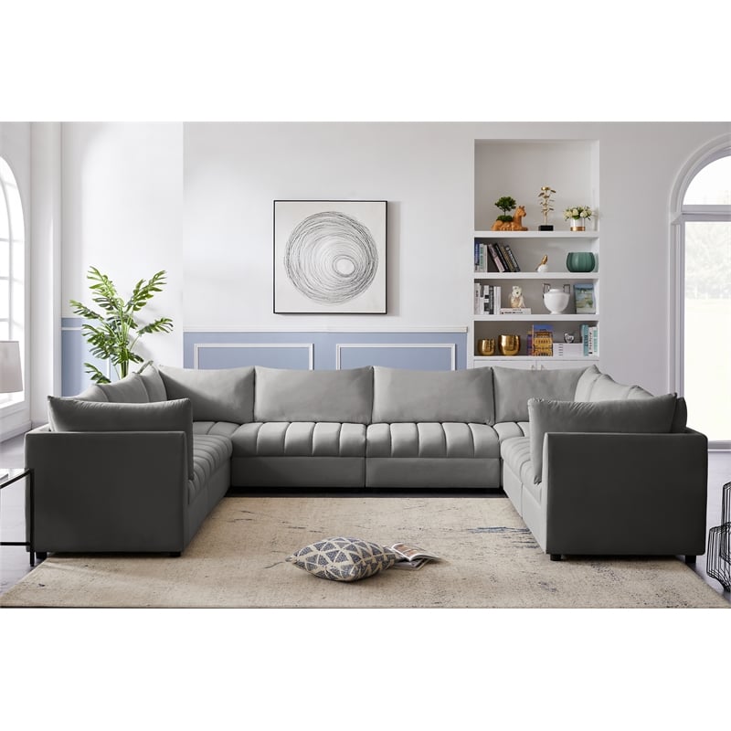 Maklaine Contemporary Velvet Modular Sectional with Deep Channel Tufting in Gray