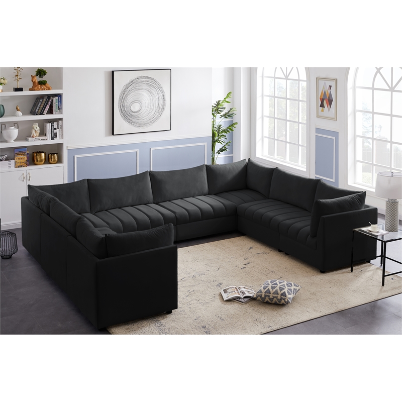 Maklaine Contemporary Velvet Modular Sectional w/ Deep Channel Tufting in Black