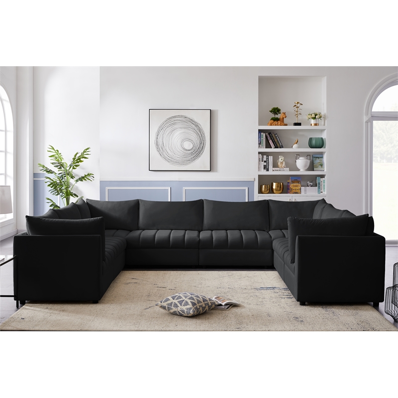 Maklaine Contemporary Velvet Modular Sectional w/ Deep Channel Tufting in Black