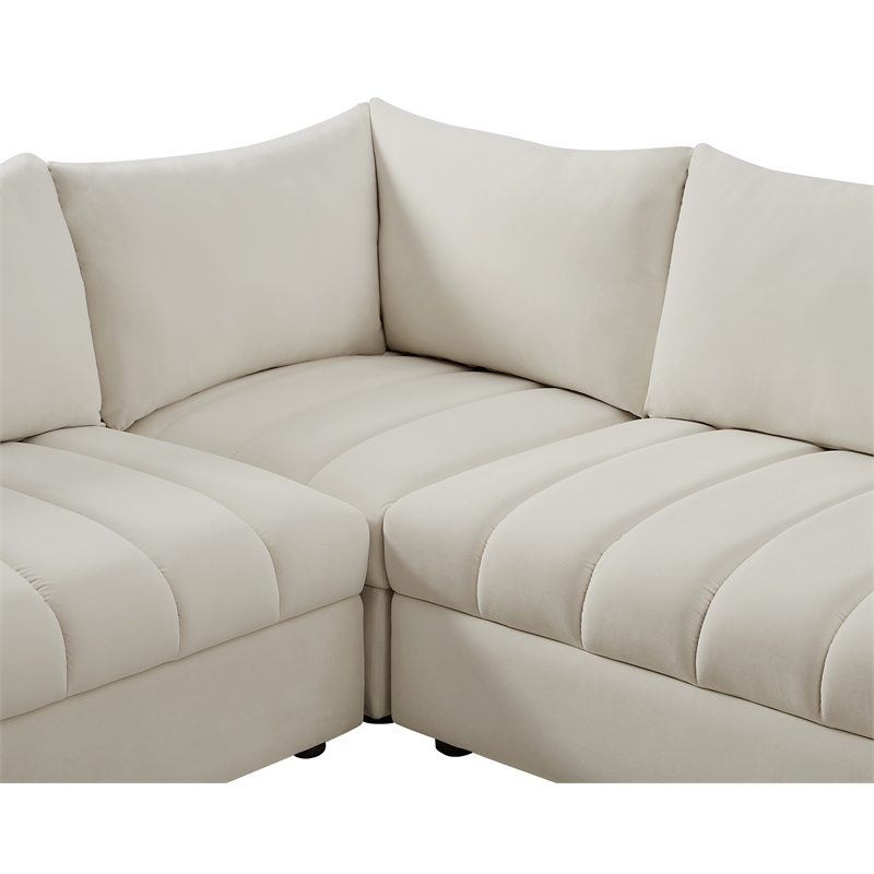 Maklaine Contemporary Velvet Modular Sectional w/ Deep Channel Tufting in Cream