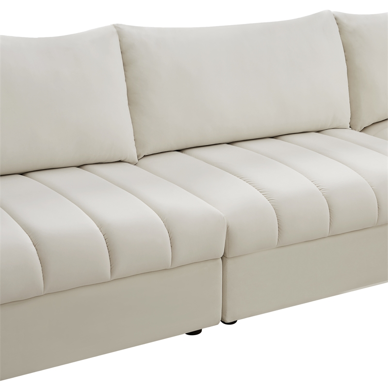 Maklaine Contemporary Velvet Modular Sectional w/ Deep Channel Tufting in Cream
