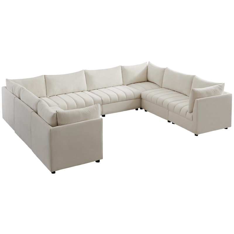 Maklaine Contemporary Velvet Modular Sectional w/ Deep Channel Tufting in Cream