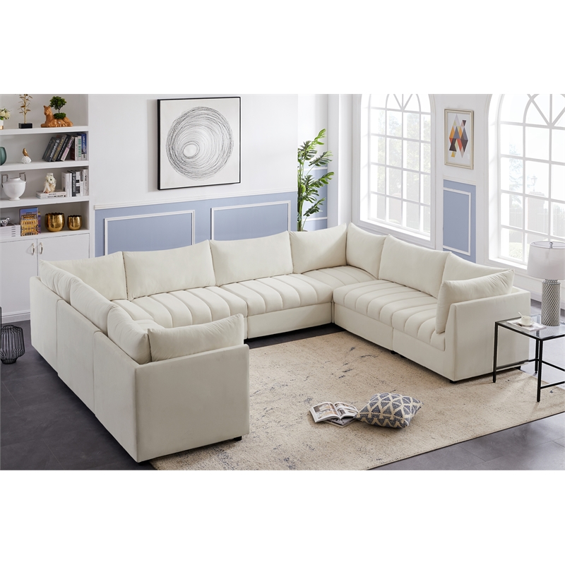 Maklaine Contemporary Velvet Modular Sectional w/ Deep Channel Tufting in Cream