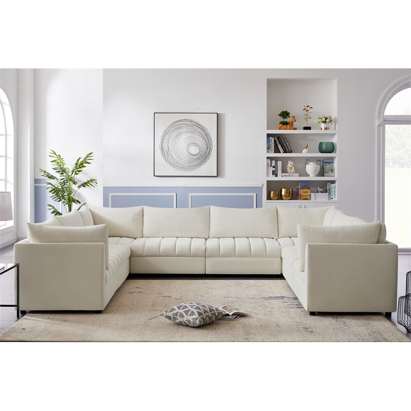 Maklaine Contemporary Velvet Modular Sectional w/ Deep Channel Tufting in Cream
