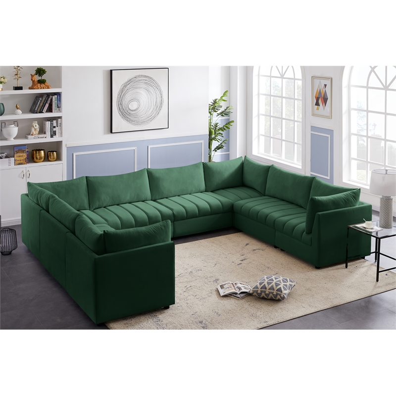 Maklaine Contemporary Velvet Modular Sectional w/ Deep Channel Tufting in Green