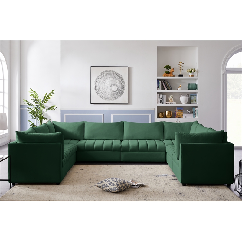 Maklaine Contemporary Velvet Modular Sectional w/ Deep Channel Tufting in Green
