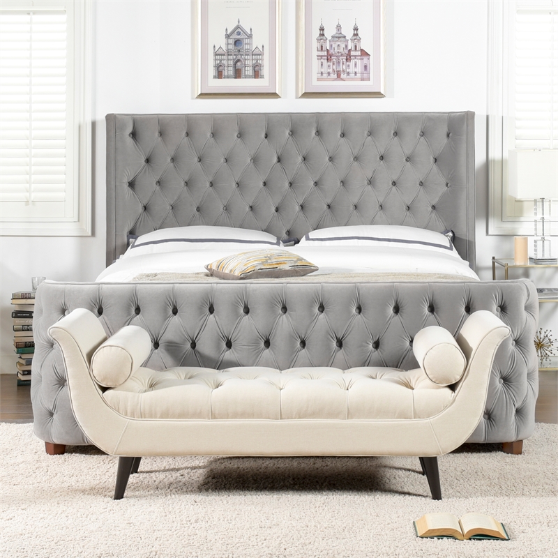 Maklaine Mid-Century King Tufted Hardwood Bed in Opal Grey