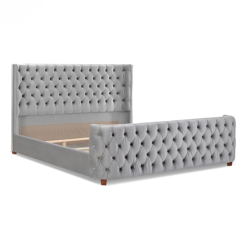 Maklaine Mid-Century King Tufted Hardwood Bed in Opal Grey