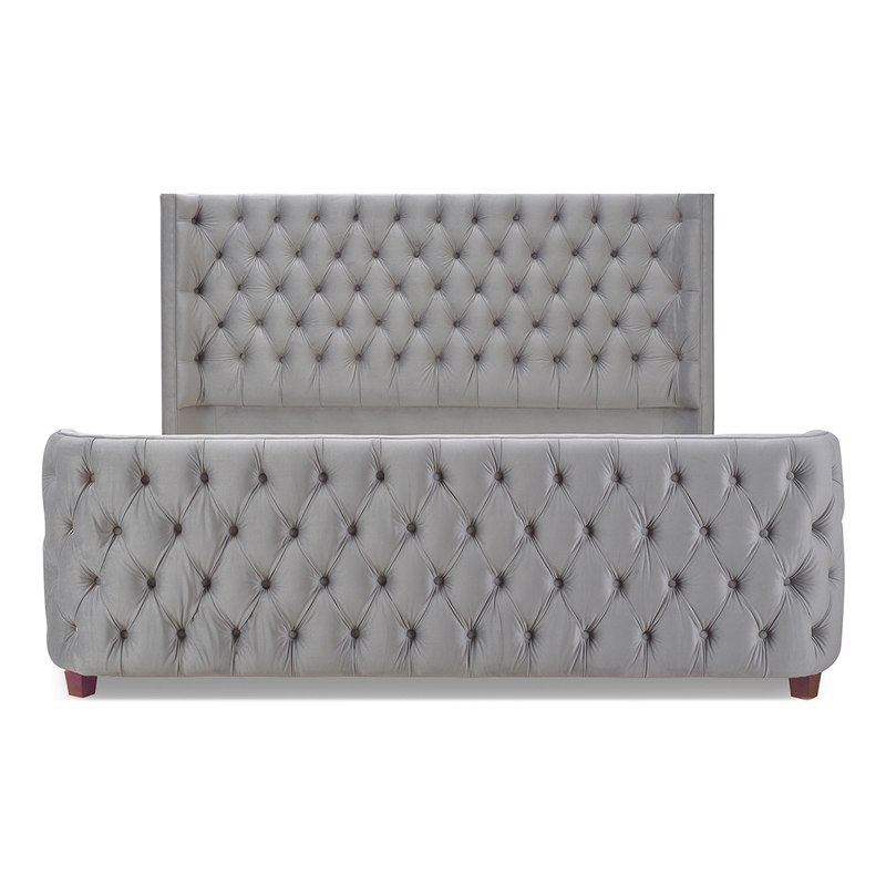 Maklaine Mid-Century King Tufted Hardwood Bed in Opal Grey