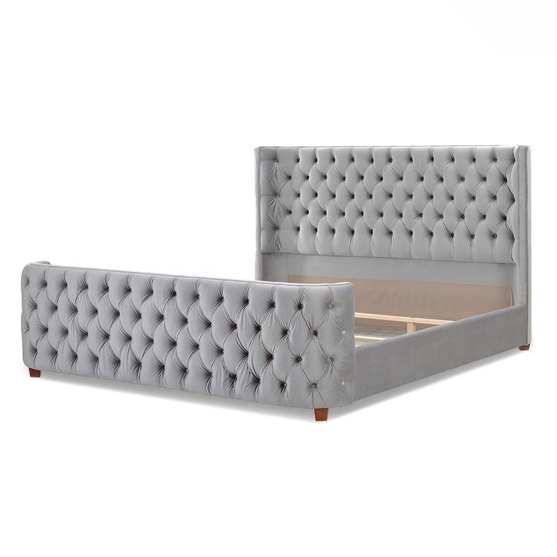 Maklaine Mid-Century King Tufted Hardwood Bed in Opal Grey