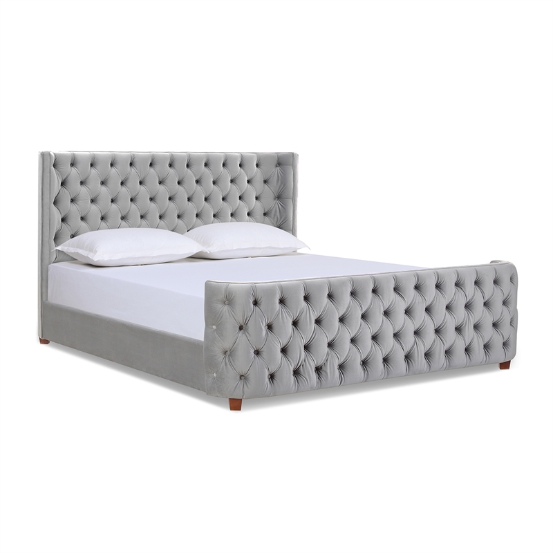 Maklaine Mid-Century King Tufted Hardwood Bed in Opal Grey
