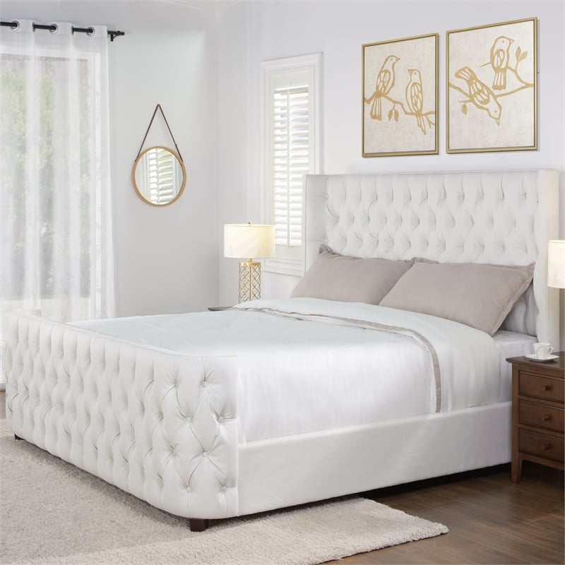 Maklaine Mid-Century King Tufted Hardwood Bed in Antique White