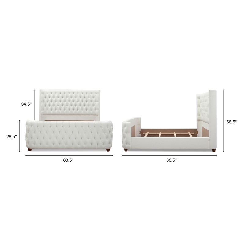 Maklaine Mid-Century King Tufted Hardwood Bed in Antique White