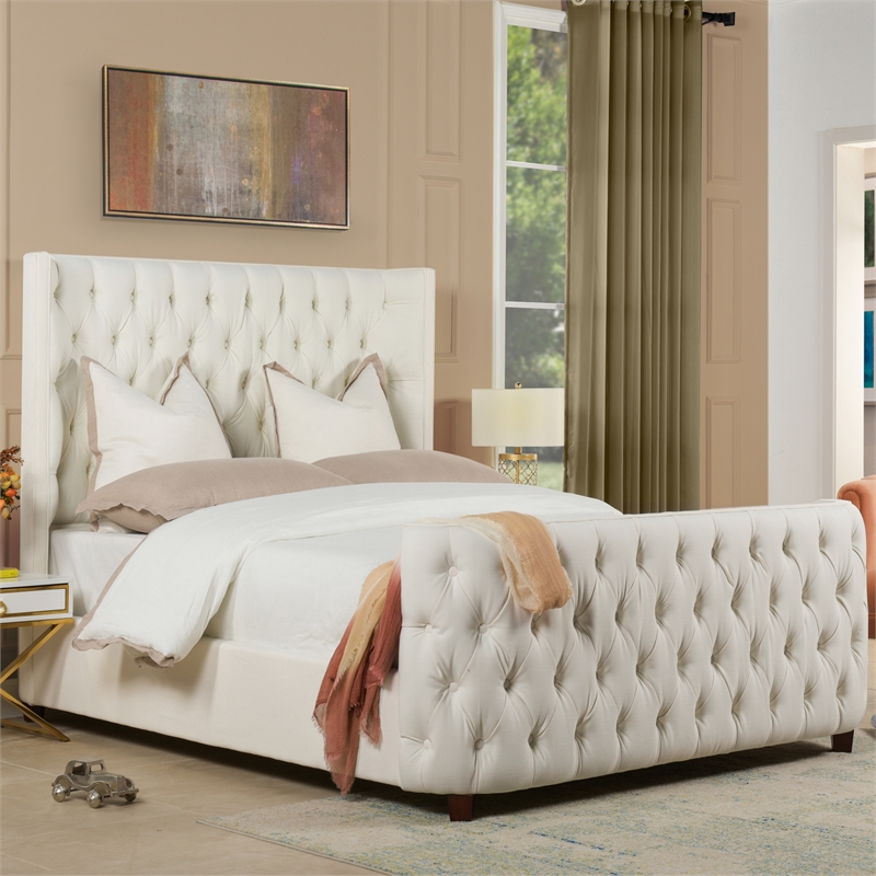 Maklaine Modern Hardwood Queen Tufted Bed in Antique White