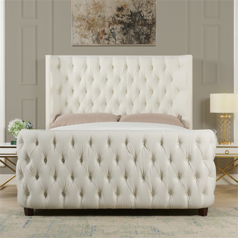 Maklaine Modern Hardwood Queen Tufted Bed in Antique White