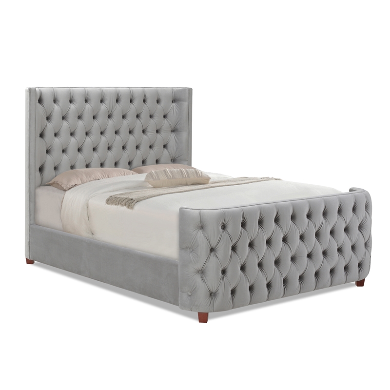 Maklaine Modern Hardwood Queen Tufted Velvet Bed in Opal Grey